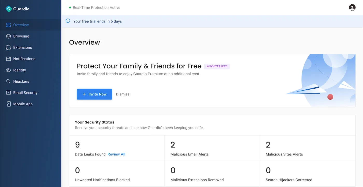 Screenshot of Guardio’s dashboard showing that 9 leaks were found and 2 malicious email and site alerts.